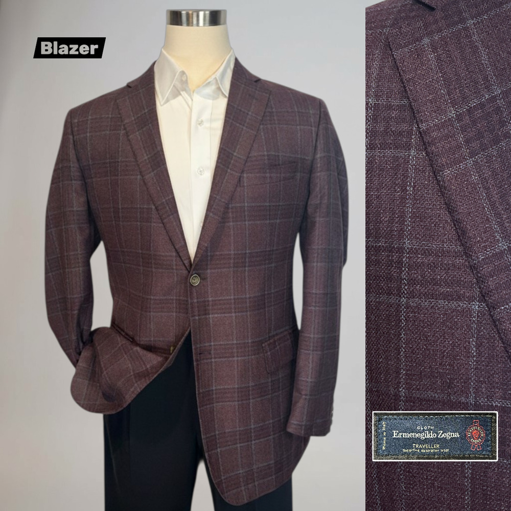 Ermenegildo Zegna Traveller Australian Wool Heathered Merlot Burgundy Plaid 44L